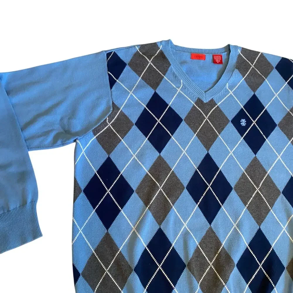 Vintage 90s Y2K Izod Diamond V-Neck Blue Sweater Size XL 100% Cotton Preppy